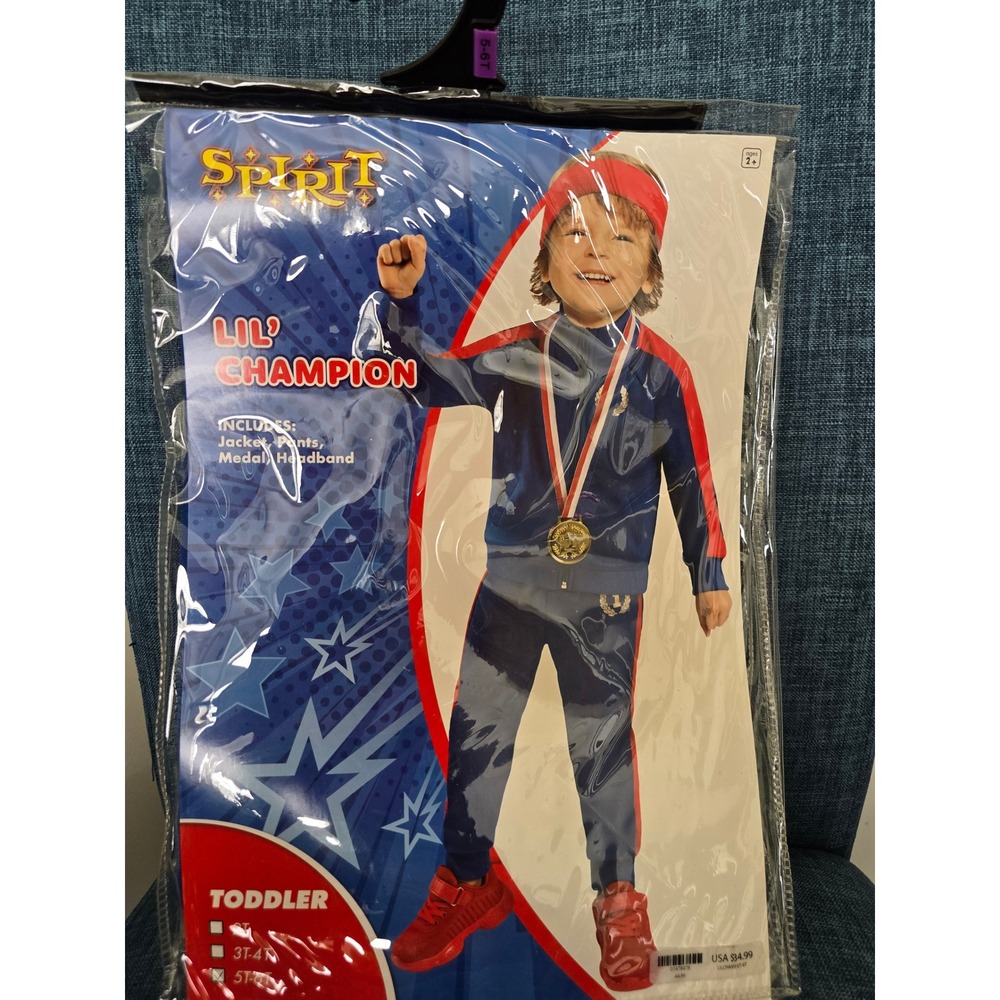 Spirit Halloween Lil Champion Toddler Costume Track Suit Medal Headband 5T-6T